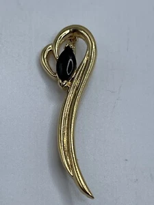 Gold Toned Flower Shaped Brooch With Single Black Stone - Picture 1 of 2