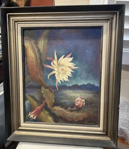 Mary Jarrett - vintage original fantastic oil painting of blooming cactus flower - Picture 1 of 4