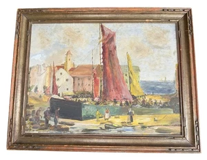 marine oil painting on Wood depicting a nautical city port scene 18th Century - Picture 1 of 9