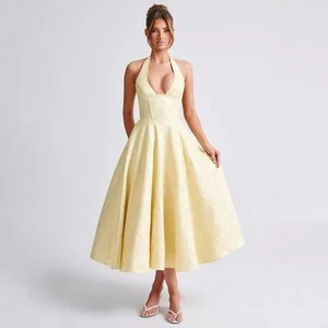 New V-neck hanging neck sleeveless jacquard lace up long dress dress - Picture 1 of 24