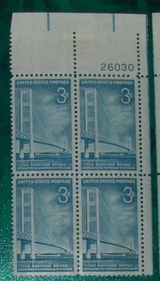 US 3¢ Stamp SC #1109 Mackinac Bridge plate block with yellowish spots MNH 1958 - Image 1 of 4