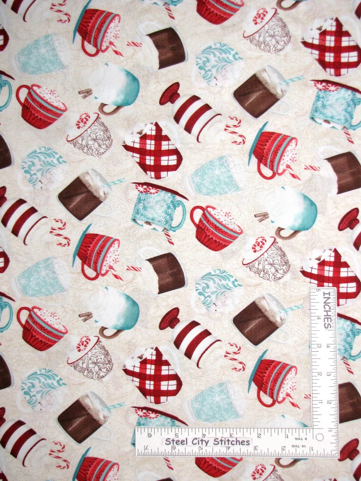 Christmas Fabric Hot Chocolate Cup Toss Cream Cotton Wilmington By The Yard - Image 1 of 1