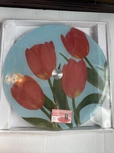 NEW Glass Lazy Susan - 14” Diameter Floral Tulip Design Tempered Glass - Picture 1 of 7