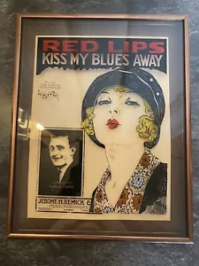 Arte en vidrio pintado vintage diseño J Howard Roarin años 20 labios rojos Kiss My Blues Away - Imagen 1 de 12