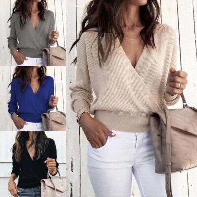 Blouse Neck V Sweater Sleeve Wrap Long Jumper Causal Ladies  Womens Tops - Image 1 of 4