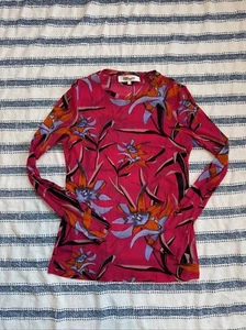 Diane Von Furstenburg Large Top Mesh Floral See Through Blouse Long Sleeve Pink - Picture 1 of 4