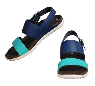Sandalias Merrell Around Town Poseidón Zapatos Planos 8 M Cuero Azul Turquesa Nuevas en Caja Foto 1 de 4