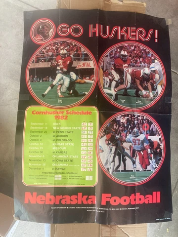 Vtg 1982 Nebraska Football Schedule Poster GO HUSKERS Cornhusker NEW Roger Craig Cover