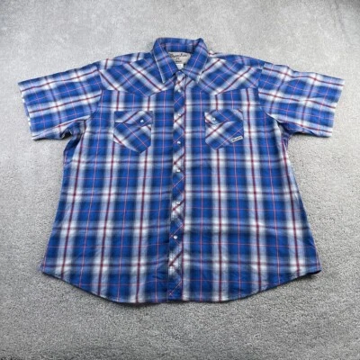 Wrangler Wrancher Shirt Mens 2X Blue Red Plaid Pearl Snap Western Cowboy Rodeo - Image 1 of 4
