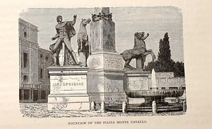 1875 ROME = FOUNTAIN MONTE CAVALLO = Small Antique Print = Old Antique Print - Picture 1 of 1