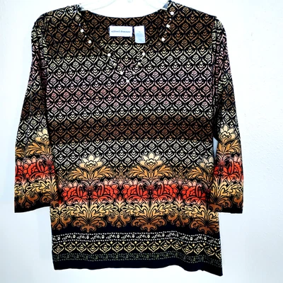 Alfred Dunner верхний коричневый/черный/оранжевый 3/4 Slv с заклепками хлопковая футболка ~ размер XL - Изображение 1 из 4