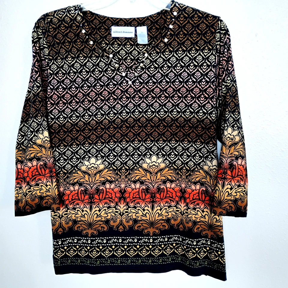 Camiseta Alfred Dunner Top Marrón/Negro/Naranja 3/4 Slv Algodón Tachonado ~ Talla XL Foto 1 de 4