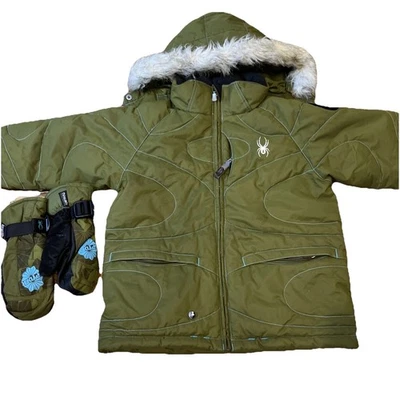 Boys Green Spyder Ski Jacket Detach Hood Size 8 and Gloves Multiple Pockets EUC - Image 1 of 4