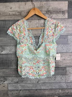 Camiseta sin mangas Free People de encaje talla mediana verde arco iris floral jardín fiesta corta Foto 1 de 4