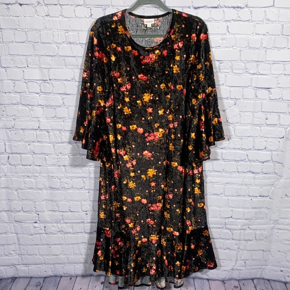 Vestido midi de terciopelo floral con mangas de campana para mujer negro talla 3XL con volantes caprichoso Foto 1 de 4
