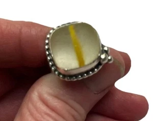 Handmade Sterling Silver Ring Yellow Stripe Sea Glass Bead Size 7 Boho Style - Picture 1 of 6