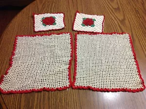 Vintage 4er Set Topflappen Blumenmuster rot cremeweiß handgehäkelt - Bild 1 von 7