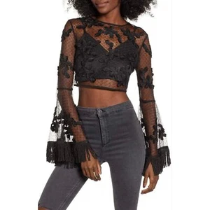 Anthropologie Endless Rose Woman Black Floral Lacrosse Crop Top Bell Sleeves, XS - Picture 1 of 12