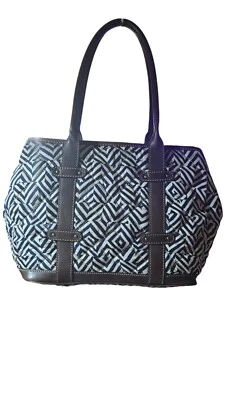 J. Crew Navy Blue/White Silk With Leather Trim Purse Handbag - Image 1 of 4