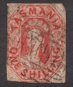 1858-67 Tasmania, Australia Sc# 16 - One Shilling, QV, Vermilion. Used Cv$90 - Picture 1 of 1