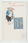 Antique French Postcard Pig w/ Top Hat &amp; Monocle , Stamp Affixed Satin card