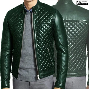 Chaqueta de Cuero de Oveja Genuina Piel de Oveja Motociclista Verde para Hombre NUEVA - Imagen 1 de 11