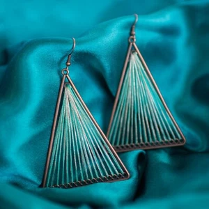 Green, Geometric Triangle Woven Cloth Boho/Bohemian Earrings - Picture 1 of 10