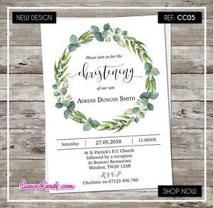 Personalised Christening Baptism Invitations Holy Communion Eucalyptus Invites - Picture 1 of 7