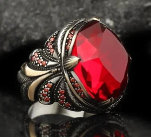 Natural Stone Handmade Men's Ring Jewelry Red Zircon Stone Men's Silver Ring - Picture 1 of 4