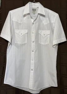 Ely Cattleman Shirt Mens M 15.5 White Stripes Pearl Snaps Western Pocket Cowboy - Picture 1 of 12