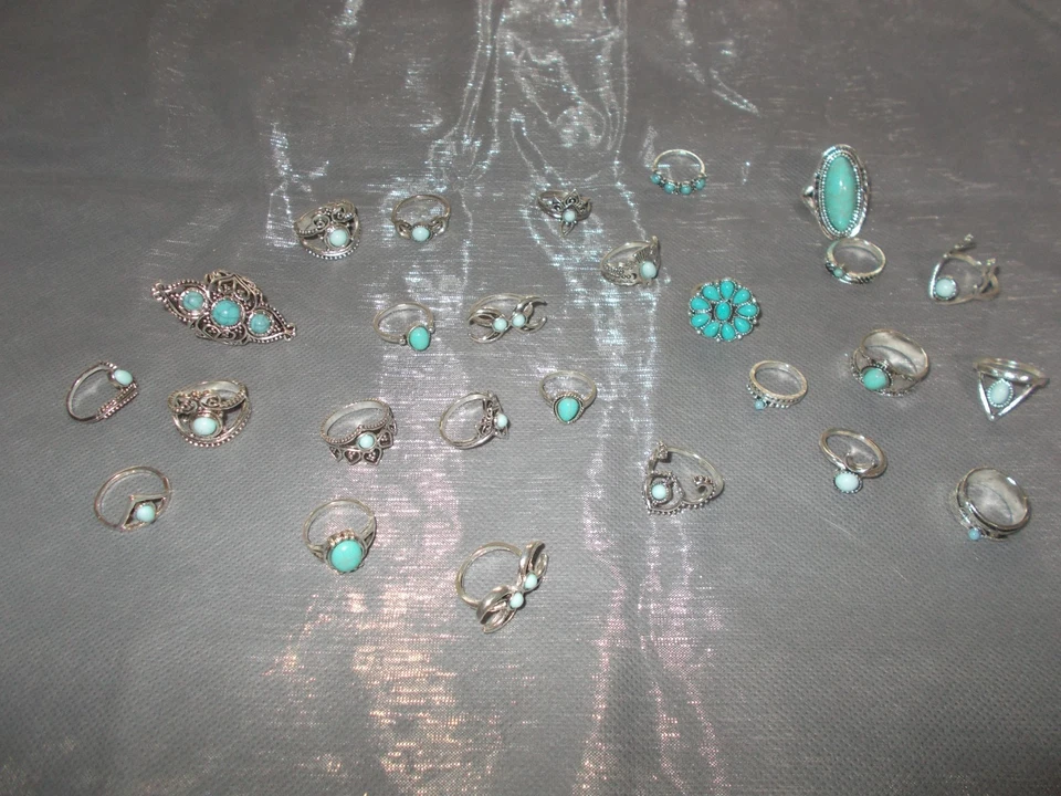 Ringe silberfarben/türkise Steine  26 Stück verschiedene Größen NEU - Bild 1 von 1