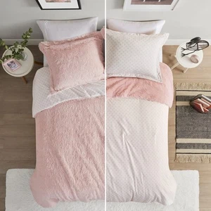 Shaggy Faux Fur Cozy Reversible Comforter Set Petal Print Reverse, Modern All... - Picture 1 of 9