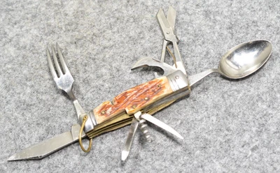 Vintage Mitsuboshi Camp Utility Pocket Knife 8 Tools Stag Handle Japan - Image 1 of 4