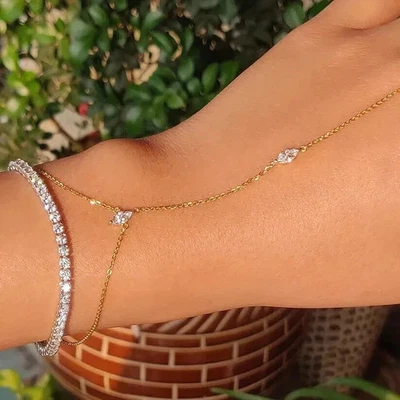 3Ct Lab-Created Diamond Prong Set Hand Chain Bracelet 14K Yellow Gold Finish - Image 1 of 4