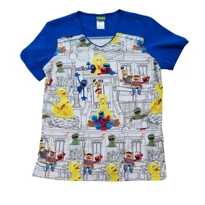 Sesame Street Scrub Top Women's M V-Neck Characters Print Royal Blue - Picture 1 of 6