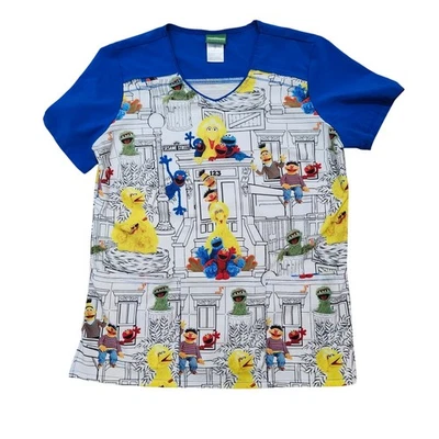 Sesame Street Scrub Top Women's M V-Neck Characters Print Royal Blue - Image 1 of 4