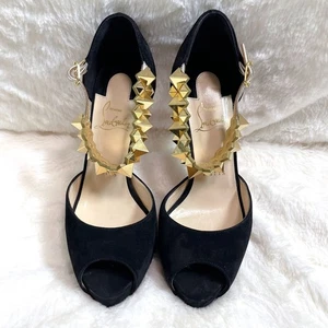 Christian Louboutin Heel Pump Gold Studded Ankle Strap Black Heel11cm Size35.5 - Picture 1 of 10