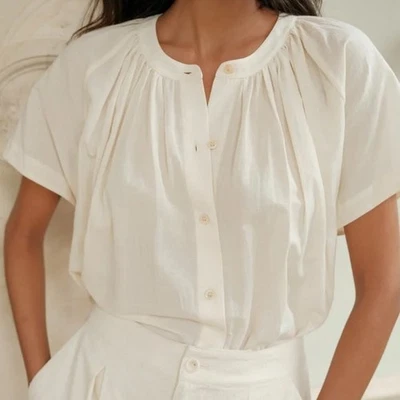 Jenni Kayne Willow Short Sleeve Oversized Top M Cream Cotton Linen - Image 1 of 4