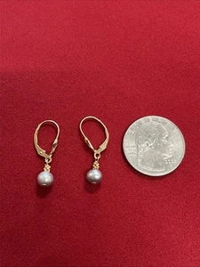 14K Yellow Gold Earrings Faux Grey Pearl Dangle Drop Leverback - Picture 1 of 6