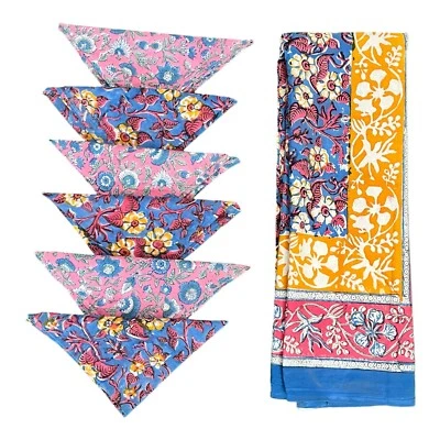 Hand Block Print India Tablecloth 100%Cotton Yellow Hippie Floral with 6 Napkins - Image 1 of 2