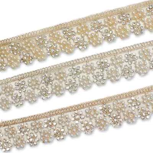 1.25 Inch Floral Beaded Rhinestone Corded Mesh Trim By The Yard - Picture 1 of 8