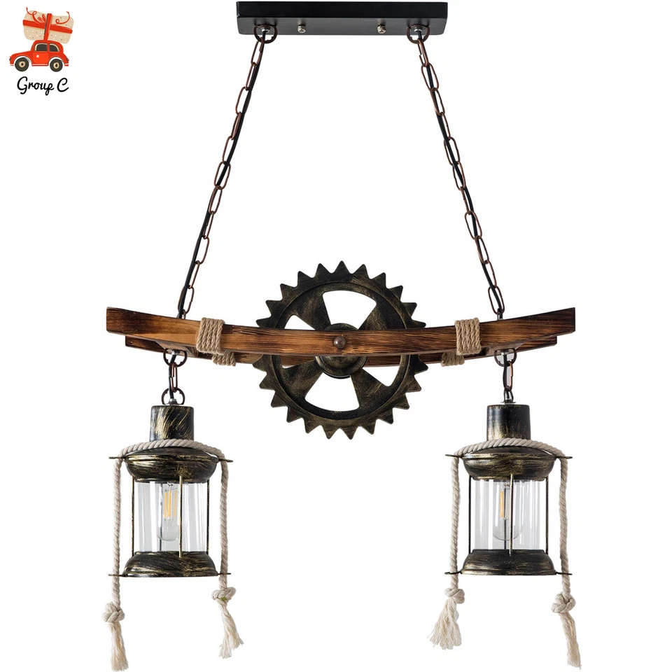 Rustic Wood Chandelier Farmhouse Loft Retro Pendant Light Ceiling Fixture Lamp - Image 1 of 4