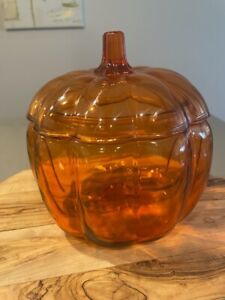 Vintage Anchor Hocking Orange Glass Pumpkin Shape Cookie/Candy Jar with Lid, EUC