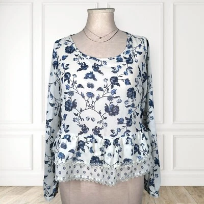 Blusa XHILERATION de Gasa con Volantes en Niveles Floral Manga Larga Azul Peplum Pequeña Foto 1 de 4