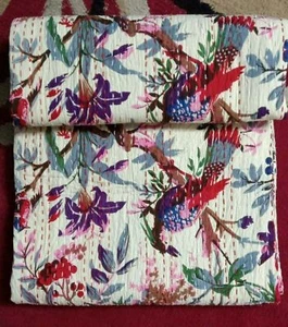 White Bird Print Floral Kantha Quilt Handmade Blanket Throw Indian Bedspread - Picture 1 of 3