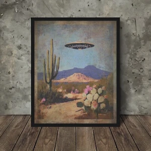 UFO CACTUS FLOWER Wall Art, Retro Sci-fi Western Poster, Desert Botanical Alien - Picture 1 of 15