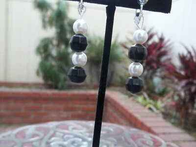 Gorgeous White Faux Pearls & Black Round Bead Dangling Clip On Earrings - Image 1 of 3