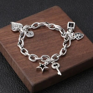 925 Sterlingsilber Dicke Kette Anhänger Charm Armband Retro Einzigartig Party Armreif - Bild 1 von 6