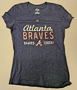Atlanta Braves MLB Majestic Women's Navy Silver Script Shirt Medium - Picture 1 of 2