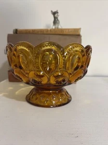 Vintage LE Smith Moon And Stars Scalloped Amber Glass Footed Compote Candy Dish  - Picture 1 of 4